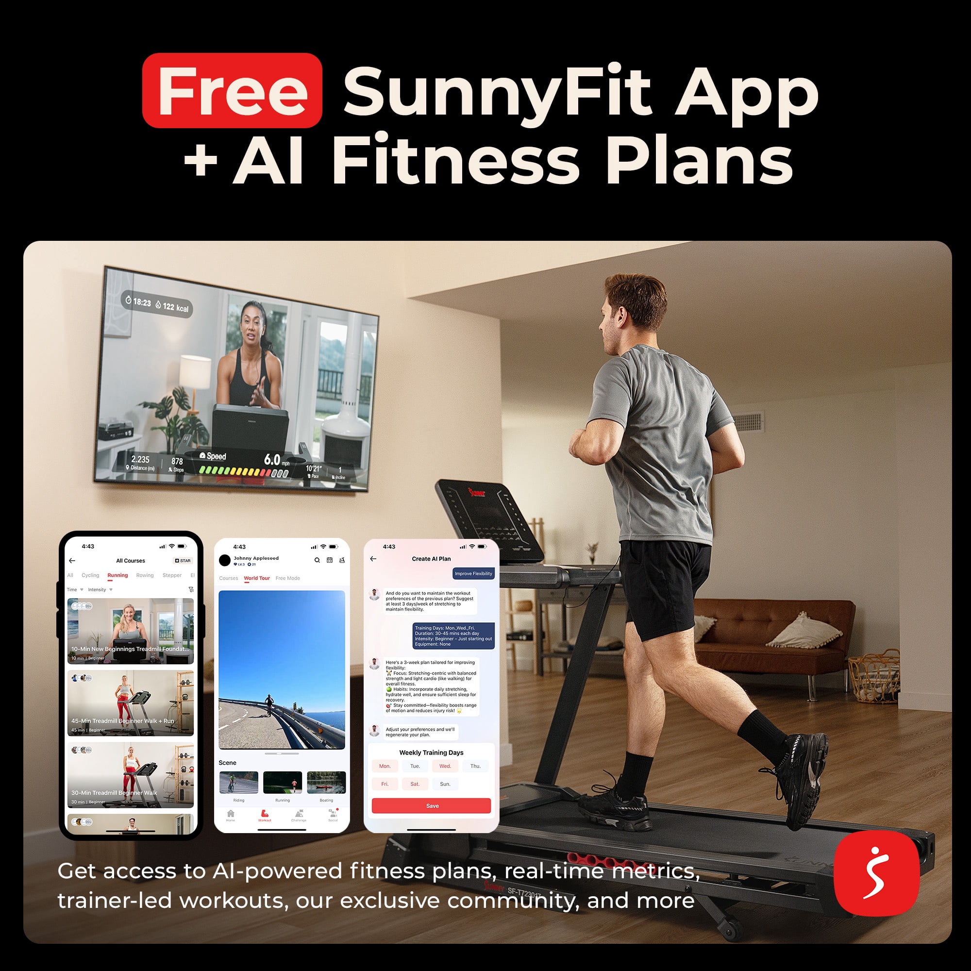 Sunny Health & Fitness Excel Smart Incline/Decline 20” Deck Treadmill with 300LB Weight Capacity - SF-T723017