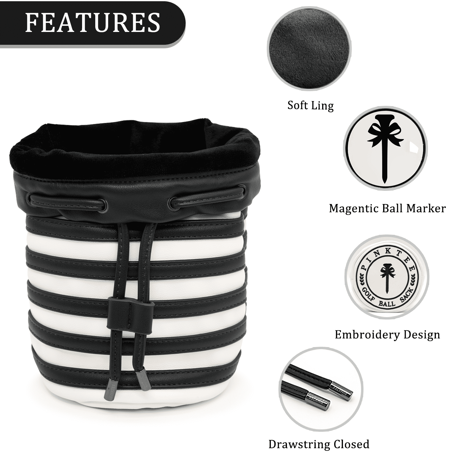 PINKTEE Golf Valuables Pouch Premium Leather Golf Tee Pouch Ball Bag Bucket Waist Design with Removable Magnetic Ball Marker(black)
