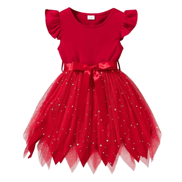 Robes Adolescentes Tutu Irrégulière en Maille Princesse Fête d'Anniversaire Robe Formelle pour Filles Rouge 5-6 Ans