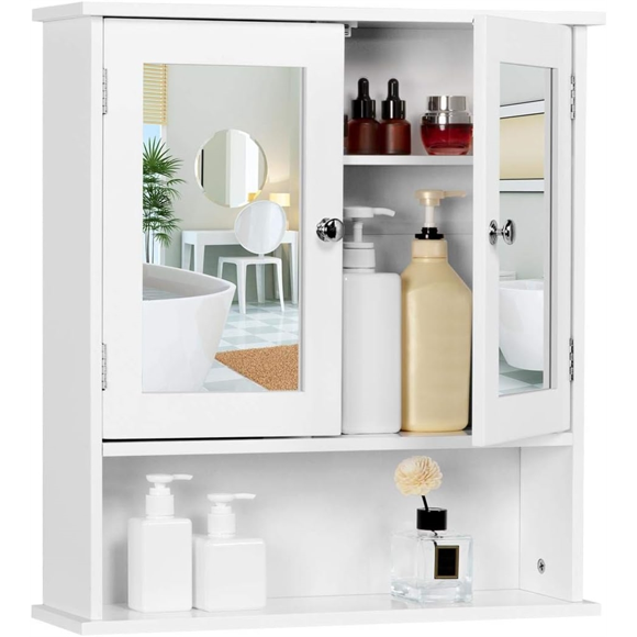 Fullfurnique Meuble Mural de Salon en Bois avec Portes Miroirs Doubles Étagère Réglable,Blanc