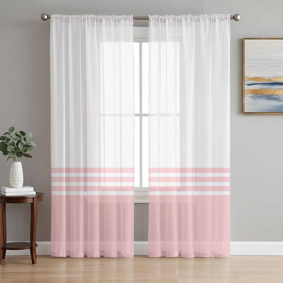Sheer Curtains 108 Inches Long, Pink White Striped Light Filtering Window Curtains for Living Room, Modern Abstract Art Aesthetics Rod Pocket Voile Sheer Curtain Drapes, 52"W x 108"L, 2 Panels