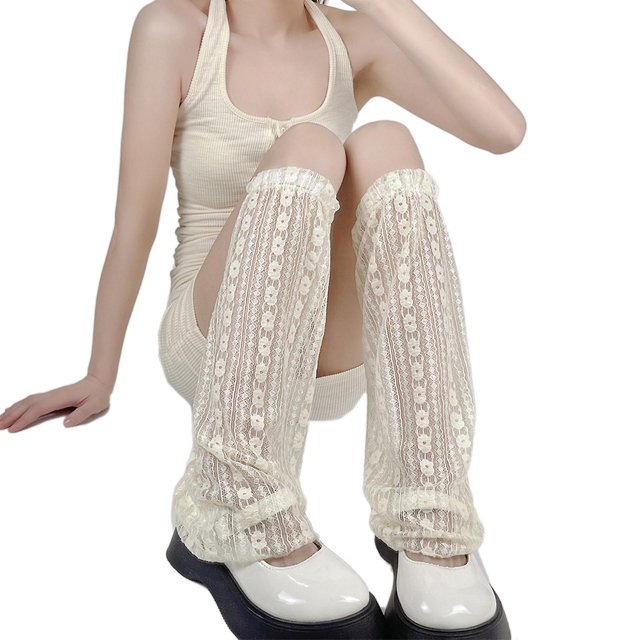 White Calentadores de pierna fina de verano para mujer, calcetines Harajuku Lolita florales de rayas verticales, malla transparente, holgados, acampanados hasta la rodilla, cubier