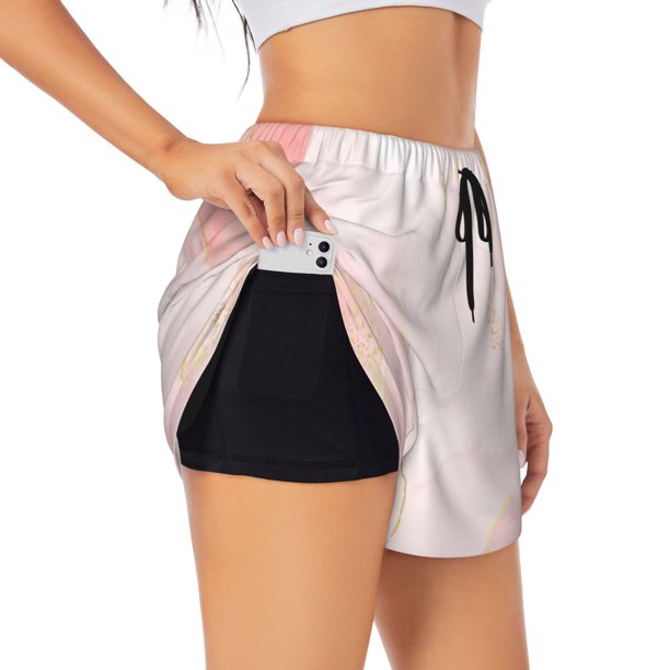 Balery Marble Pantalones cortos deportivos para mujer con forro y dos bolsillos, elásticos, para entrenamiento, gimnasio, yoga-X-Large