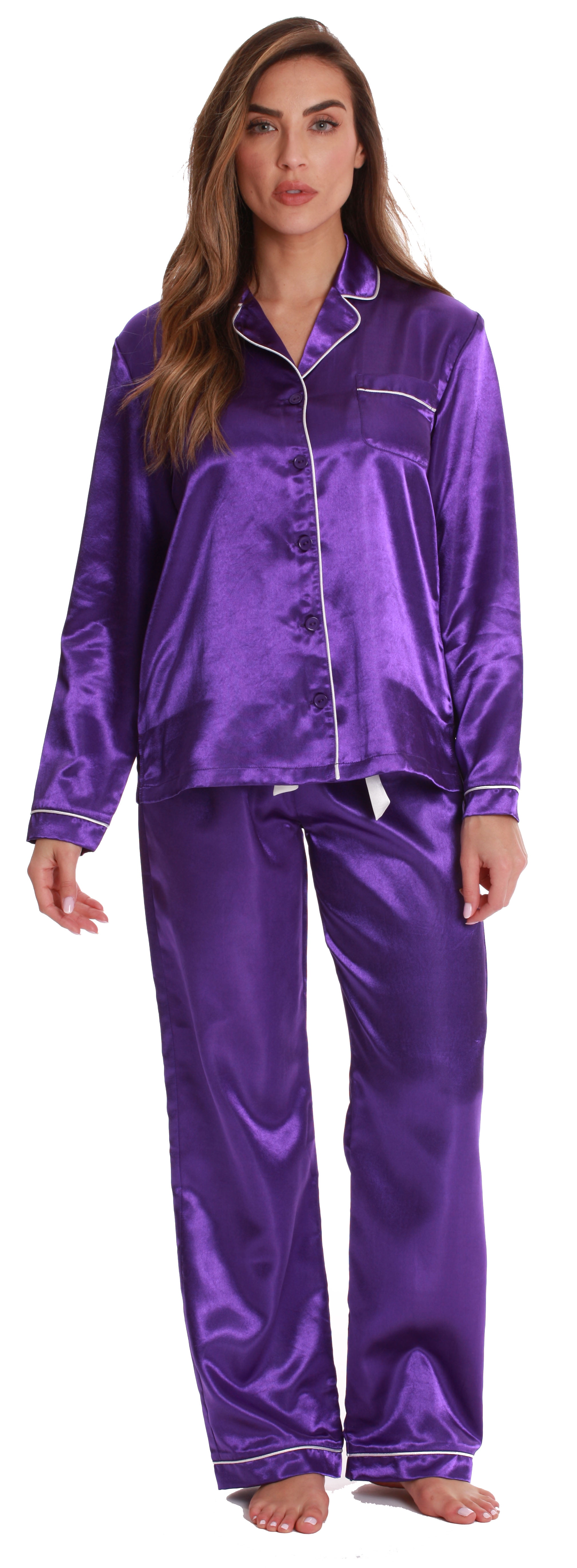 Just Love Satin Pajama Pants Set with Notch Collar (Purple / Ivory