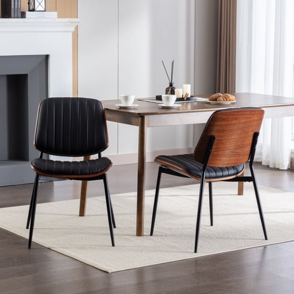 Dining Chairs Set of 2 Mid Century Modern Retro Faux Leather Chairs with Walnut Bentwood Back Upholstered Seat Metal Legs Adjustable Foot Pads Kitchen Dining Room Chairs, Black
