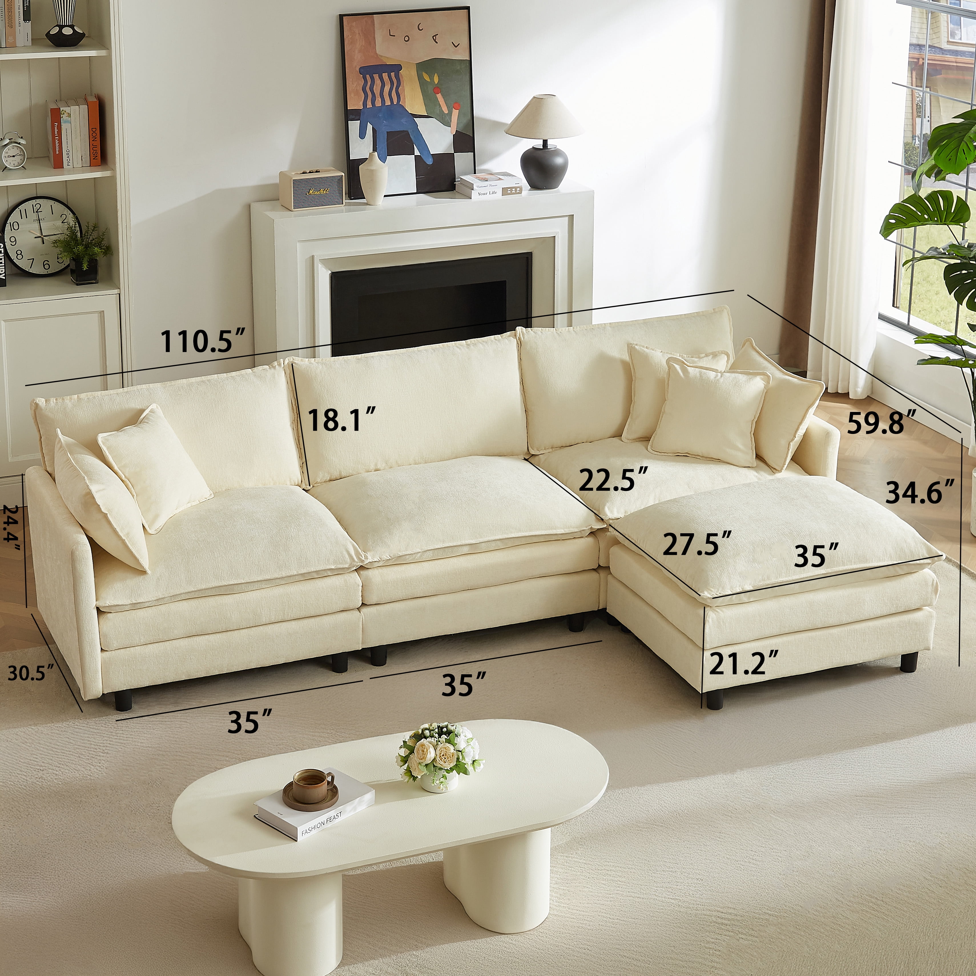110" L Shaped Modular Sectional Sofa3-Seater Comfy Cloud Couch Set with Movable Ottoman, Chenille