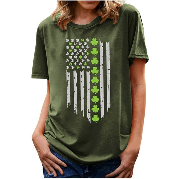 Patlollav Women Tees Under $10, Tops for Women St. Patrick'S Day T-Shirt Shamrock Heart Print Round Neck Short Sleeve Blouses