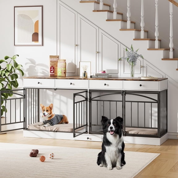 Dog Crate Furniture for 2 Dogs, 78.7'' Large Dog Kennel Indoor with 4 Storage Drawers and Feeding Bowls, Double Dog Crate TV Stand for Small and Medium Dogs, White