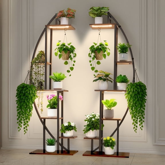 VEVOR Plant Stand Indoor with Grow Lights, 63 in Tall 6-Tiered Lighted Plant Shelf, 2 Pack Metal Corner Plants Holder, 3 Timer & 10 Brightness, Half-Moon Shaped Flower Display Rack for Living Room