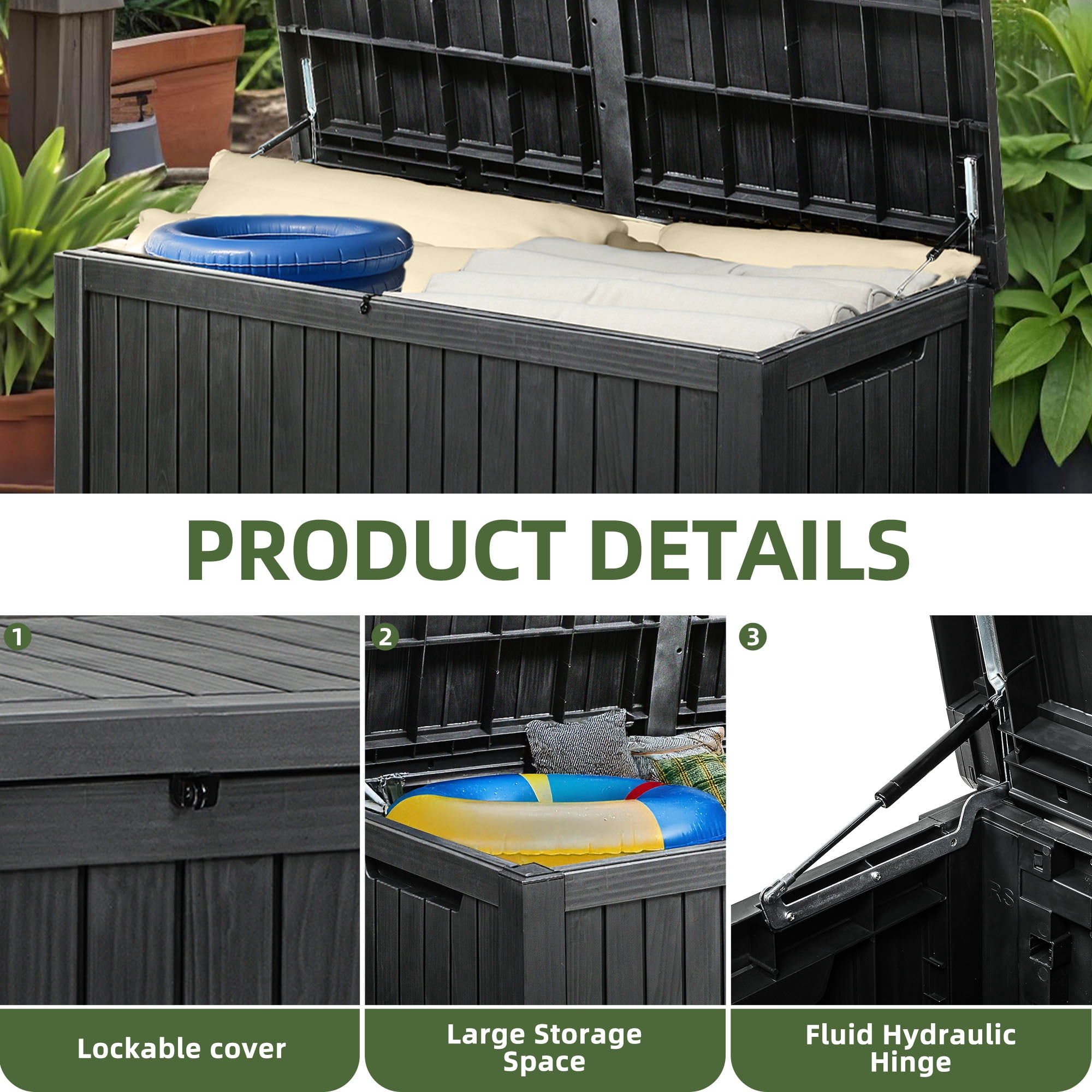 Uforic 180 Gallon Large Resin Deck Box,Outdoor Garden Waterproof Storage Box with Divider, Waterproof and Lockable,Black