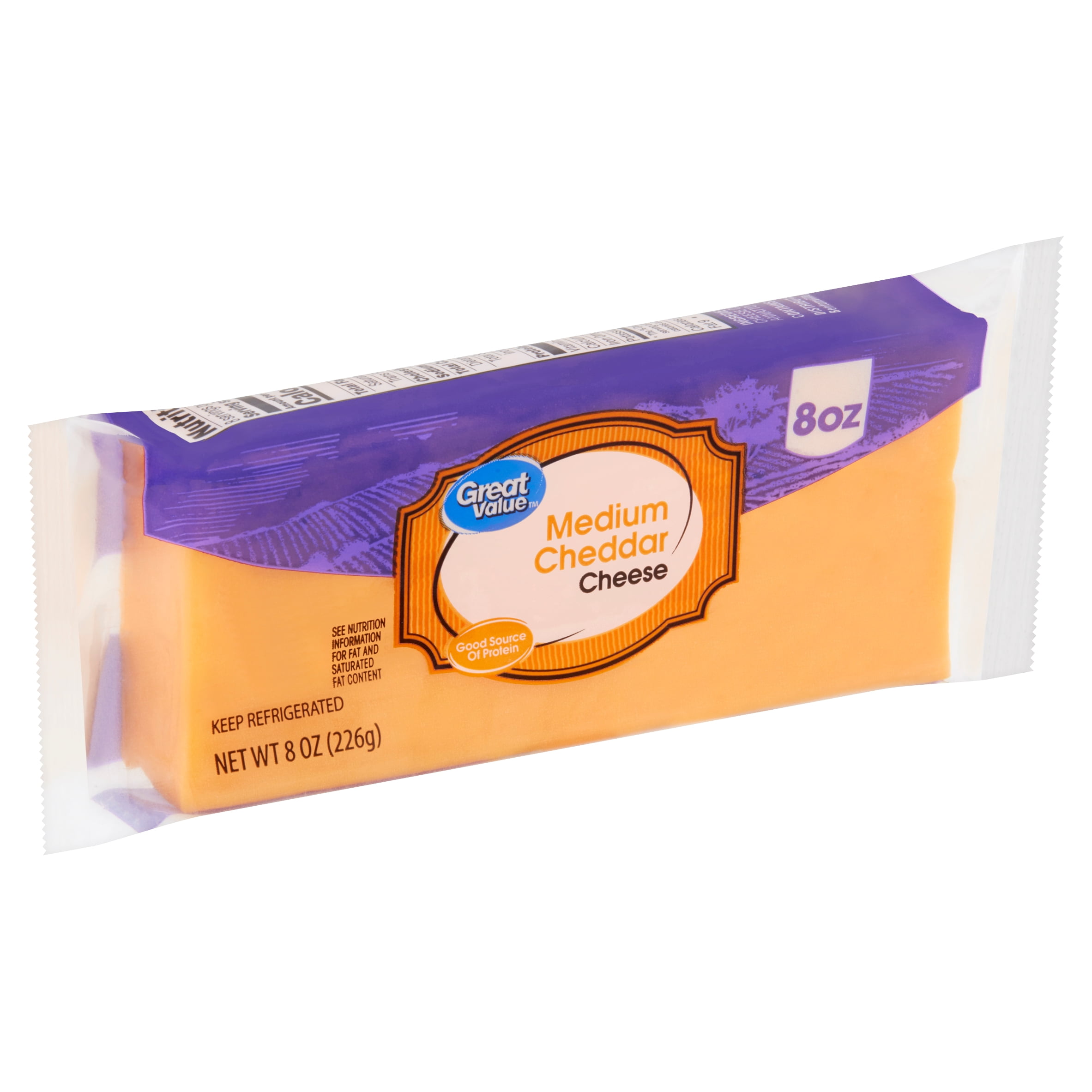 Great Value Whole Medium Cheddar Cheese, 8 Oz