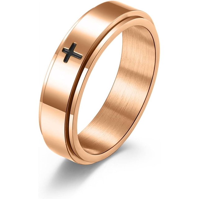 ORUYROP 6mm/8mm Titanium Steel Black/Silver/Gold Fidget Ring Engraved Small Cross Stainless Steel Spinner Rings Stress Relieving Anxiety Ring Engagement Wedding Promise Band for Women Men Boys
