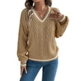 thumbnail image 3 of Women'S Long Sleeve V Neck Cable Knit Sweater 2025 Fall Pullover Top Cute Soft Dressy Casual Outfits Khaki L, 3 of 9