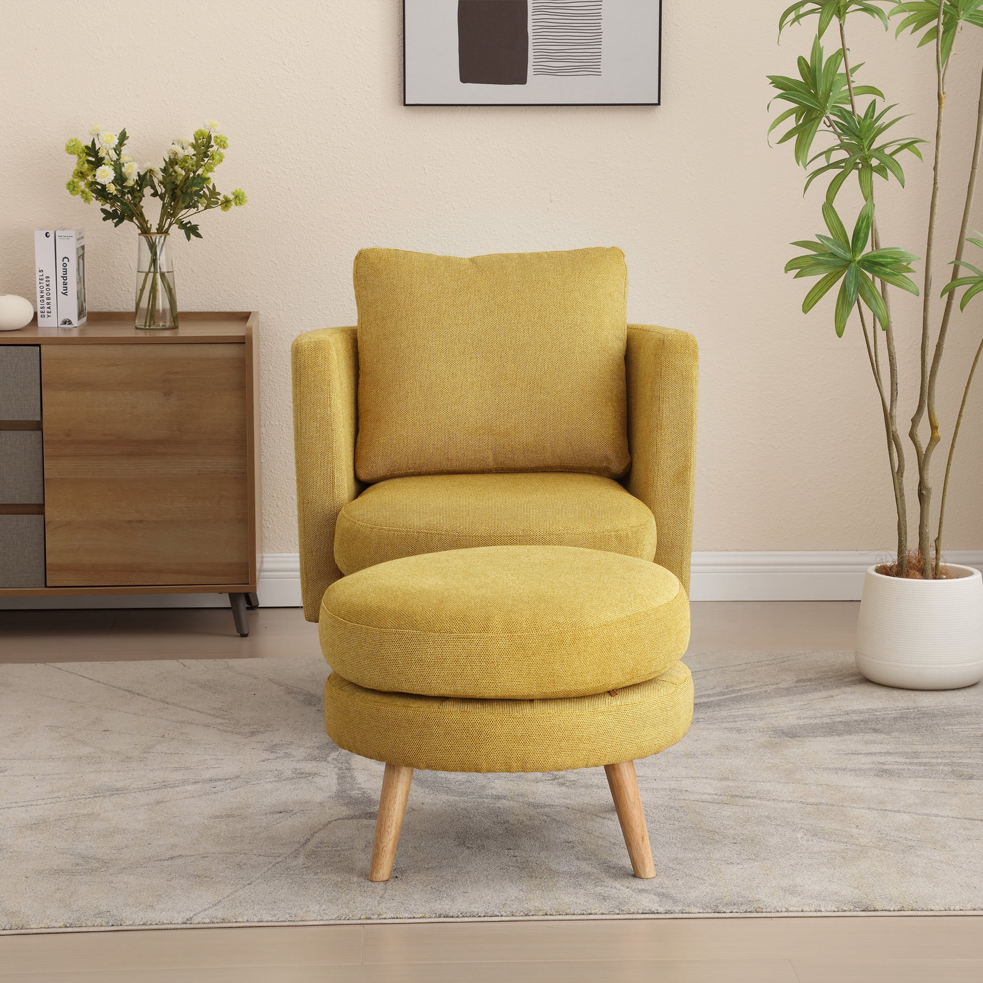 30.7"W Accent Chair with Ottoman,Upholstered Single Sofa with Throw Pillow & High Armrest,Comfort Reading Chair with Wooden Leg for Living Room Bedroom Dorm Room Office,Mustard