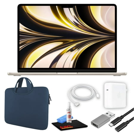 Apple MacBook Air 13" Laptop (M2 Chip, 8-Core CPU, 8GB RAM) (Mid 2022, 256GB SSD, Starlight) (MLY13LL/A) Bundle with Blue Zipper Sleeve, USB-C Extension Cable, and Screen Cleaning Kit