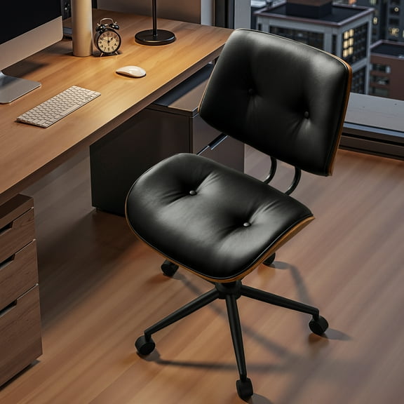 Toject Office Chair, Task Chair with Wooden Back, Mid-Century Modern Computer Chair, Armless Desk Chair for Home Office, Black