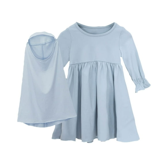 Little Girls Muslim Dresses with Head Scarf 2 Piece Sets 2M-3Y Toddlers Kids Casual Solid Long Sleeve Crewneck Loose Pullover Going Out Maxi Dress