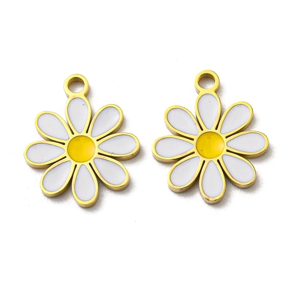 10pc 304 Stainless Steel Enamel Charms Daisy Charms White Real 14K Gold Plated 13x11x1mm Hole: 1.4mm DIY