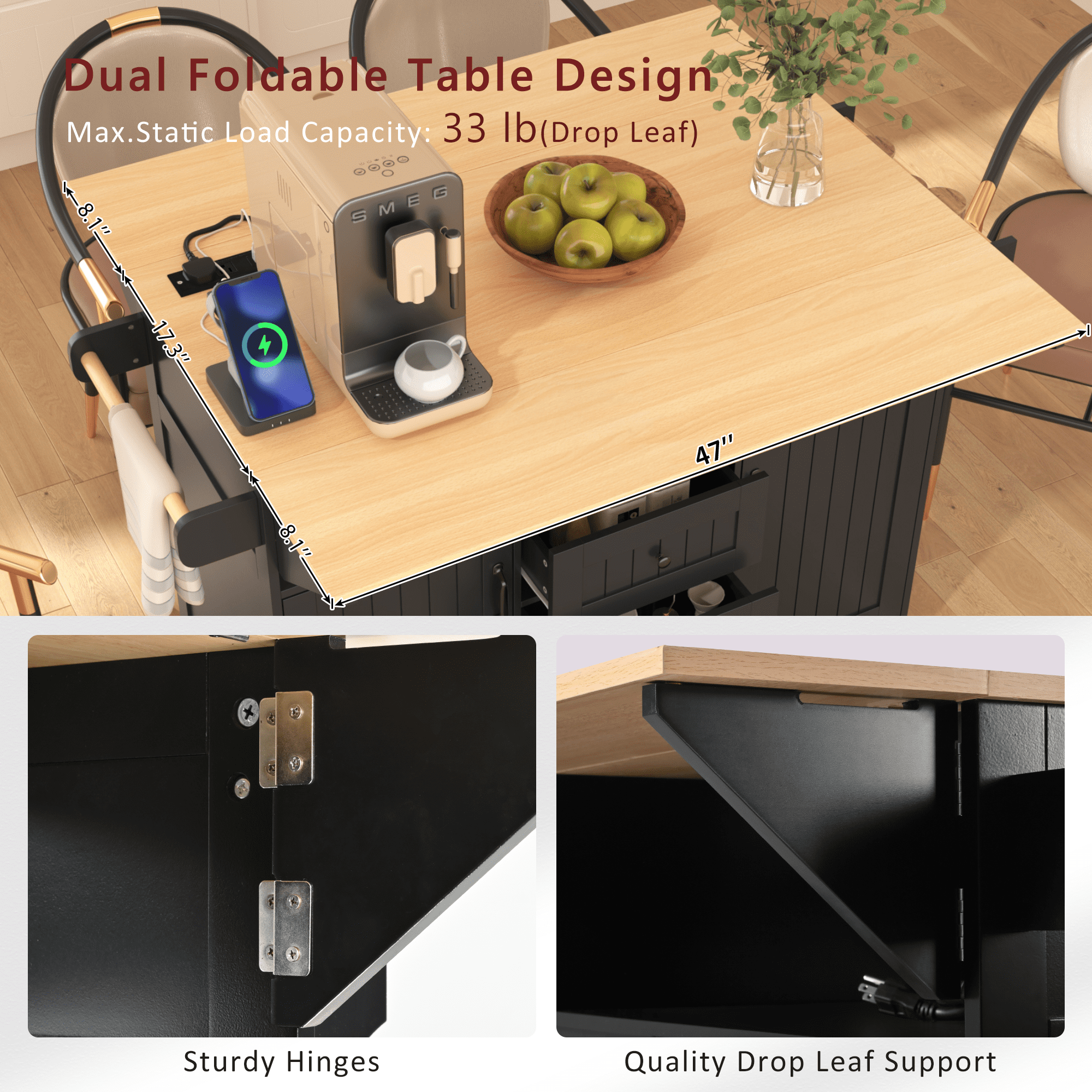 Yoneston 55.7" Kitchen Island with Drop Leaf and Power Outlet, Rolling Kitchen Cart with Spice Towel Rack, Folding Storage Dining Table with 3 Drawers 2 Doors for Kitchen Dining Room, Black
