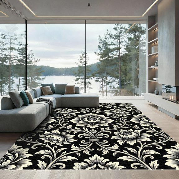 ODIKA 4' x 6' Machine Washable Non-Slip Area Rug, antique floral High Traffic Rug, Black, 1248439