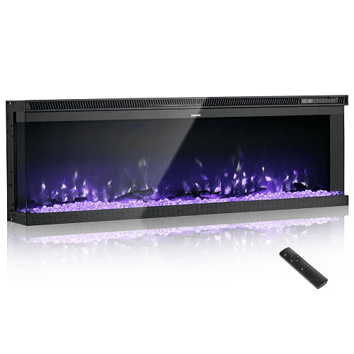 50-Inch Electric Fireplace, 1500W, Three-Sided Glass, Wall-Mounted/Recessed