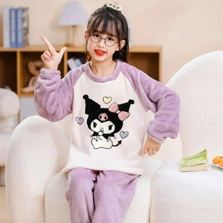 

Sanrio Cinnamoroll Winter Thicken Children Pajamas Set Kuromi Kitty Boy Girl Flannel Fleece Warm Sleepwear Kids Home Suit Anime