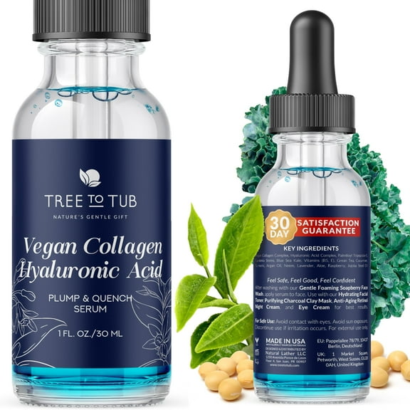 Tree To Tub Vegan Collagen Serum for Face - Anti-Aging & Plumping Serum for Women & Men with Vegan Collagen, Hyaluronic Acid, Blue Sea Kale