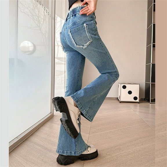 Teen Girl Jeans Girls Solid Jeans Flare Jeans High Waisted Girls Loose Pants with Pockets Girls School Pants 10-12 Years