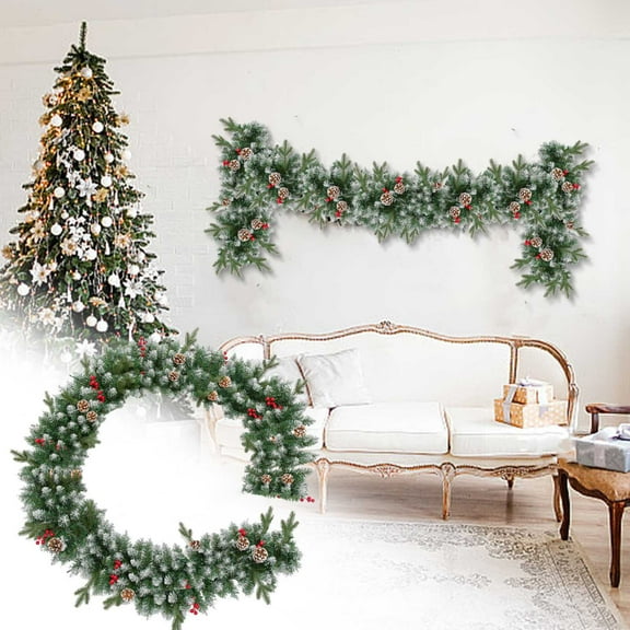 Zawou Artificial Christmas Garland 9ft – Snow Flocked Green Rattan with Pinecones and Berries for Door Frame, Staircase, Fireplace and Window Decoration