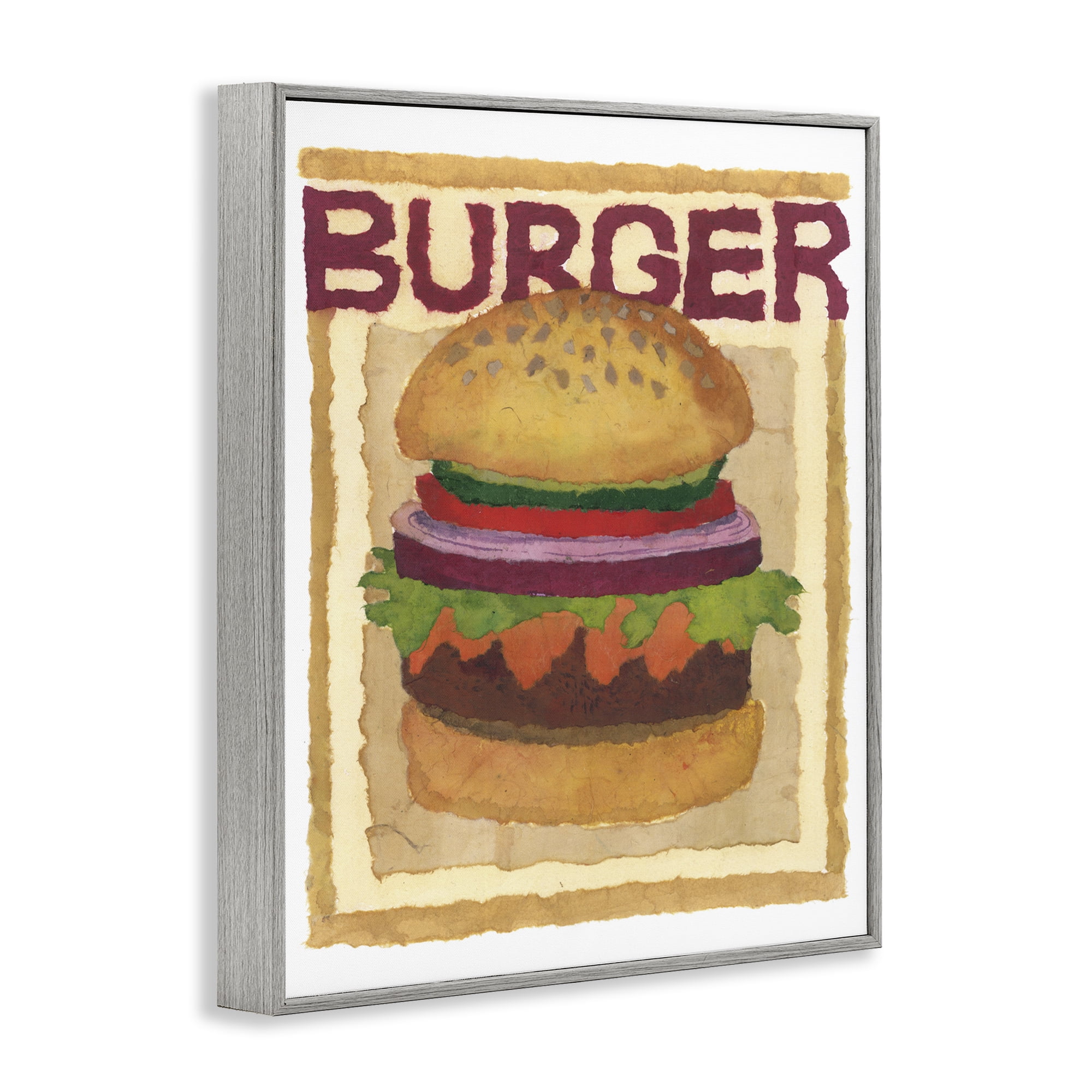 Stupell Industries Watercolor Style Burger Food & Beverage Painting Gray Framed Art Print Wall Art, 11 x 14