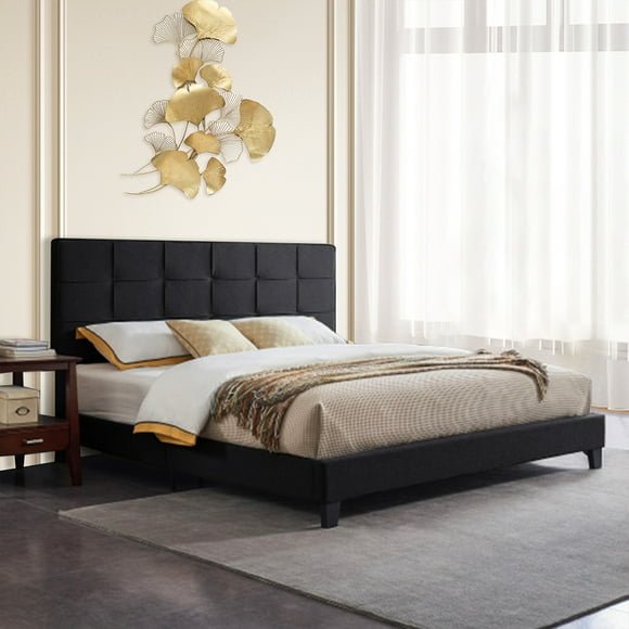 Upholstered Platform Bed Frame with Wood Slats, Sturdy Mattress Foundation, Easy Assembly and Noise-Free Setup, King Bed Frame with Headboard for Modern Bedroom - Black