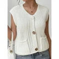 thumbnail image 2 of Solid Color Button Front Cardigan, Casual Crew Neck Vest For Spring & Summer, Women's Clothing, 2 of 5