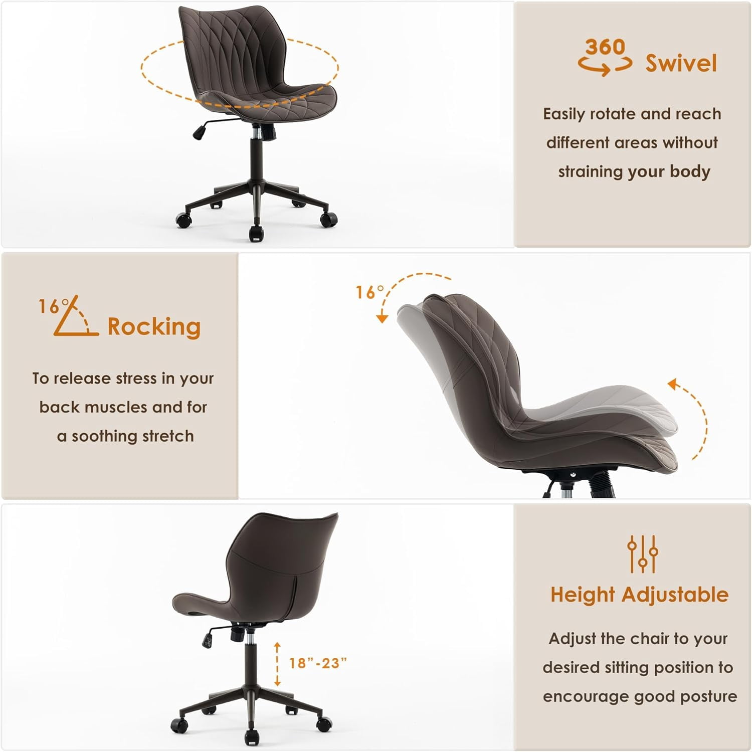 YOUNUOKE Armless Desk Chair  Office Chair with Wheels Home Ergonomic Task Chair Adjustable Computer Chairs Modern Faux Leather Swivel Chair Upholstered Makeup Vanity Chair with Back(Brown)
