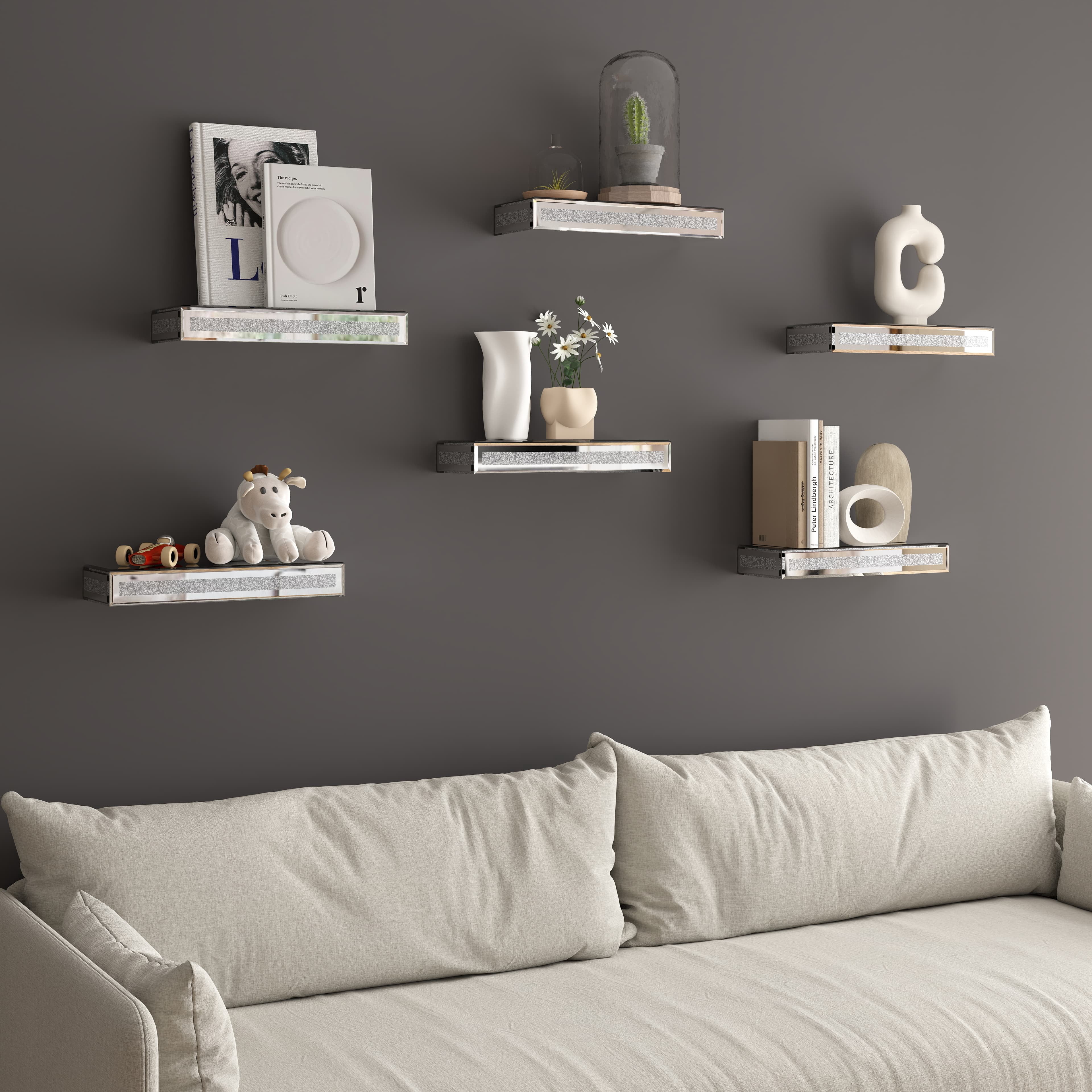 SHYFOY Mirrored Floating Shelves for Wall Decor Storage, Glitter Glass Wall Mounted Shelves for Bedroom, Living Room, Bathroom, Kitchen, Office and More, Set of 6, Silver