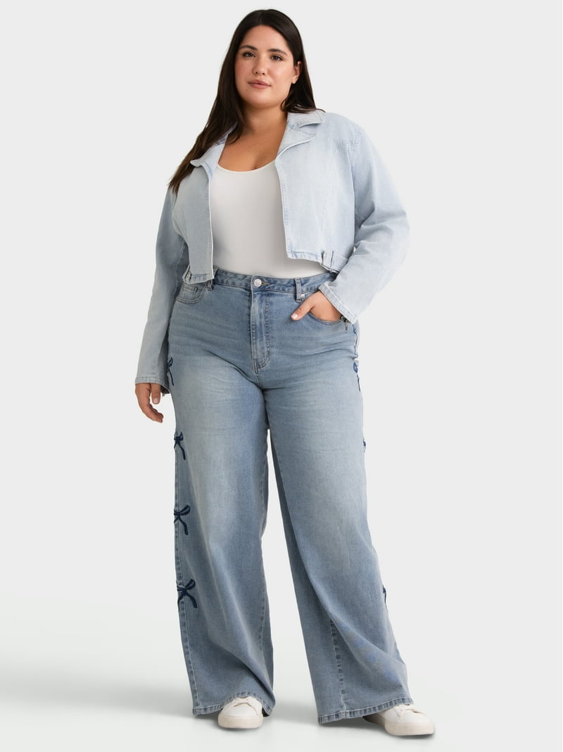 Madden NYC Women's Plus Size Cropped Denim Moto Jacket