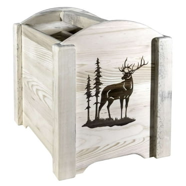 Homestead Collection Magazine Rack w/ Laser Engraved Elk Design, Clear Lacquer Finish