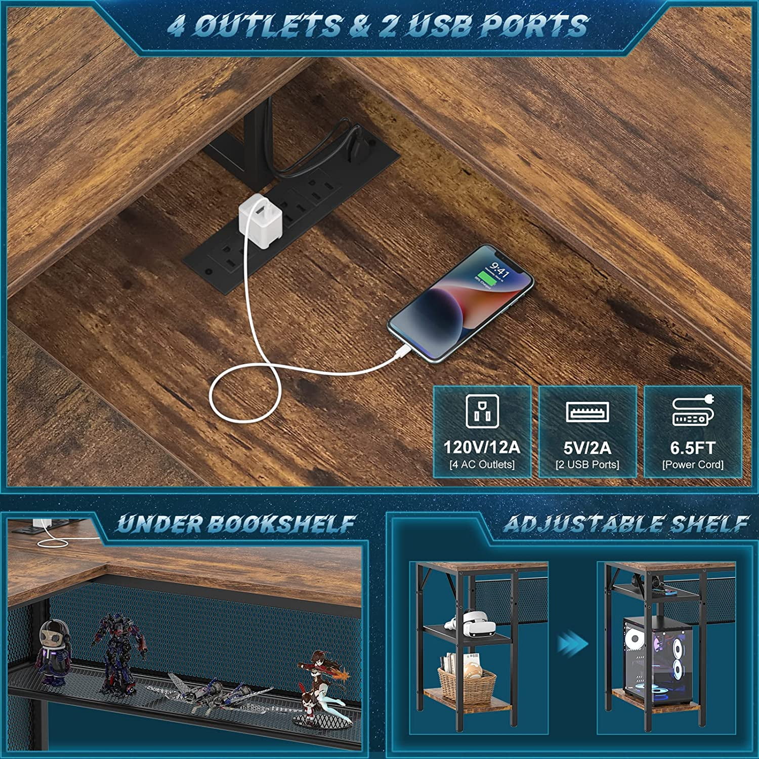 iSunirm L Shaped Computer Desk, Corner L Shaped Desk with Power Outlet and LED Light Strip, Reversible L Desk with Monitor Stand, Ergonomic 2 Person Office Desk for Home and Office, Rustic Oak