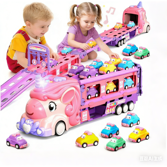 Car Toys for 2 3 4 5 6 7 Year Old Toddler Girl, Unicorn Toys Truck & Foldable Race Track W/Light & Sound, Friction Power Toy Cars W/ 9 Princess Cars, Birthday Gift for Kids Girls Age 4-6