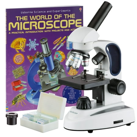 AmScope 40X-1000X Student Kids Metal Frame Glass Optics Biological Compound Microscope with Two Lights, Slides and a Book