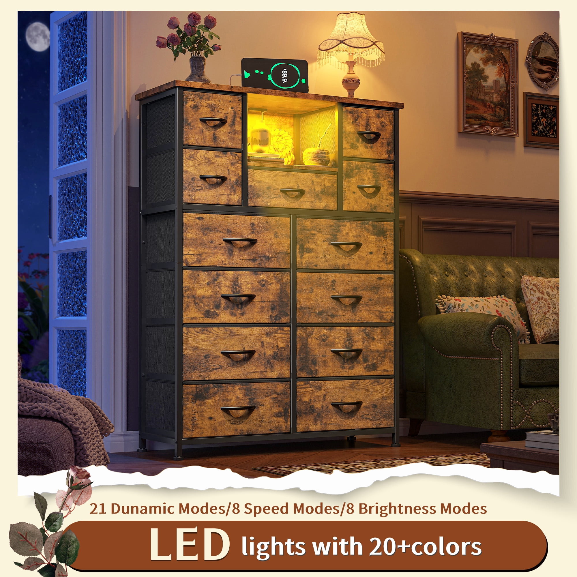 Dresser for Bedroom with 13 Fabric Drawers Tall Dresser with LED Light & Charging Station, Rustic Brown