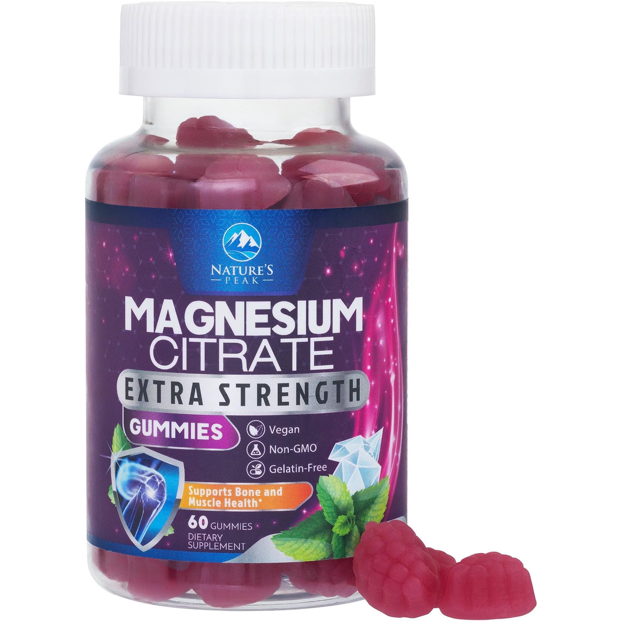 Magnesium Citrate Gummies - High Absorption Magnesium Citrate Gummy Supplement - Natural Bone, Nerve, Muscle, Calm, & Relaxation Support for Adults - Raspberry Flavor, Gluten Free, Vegan - 60 Gummies