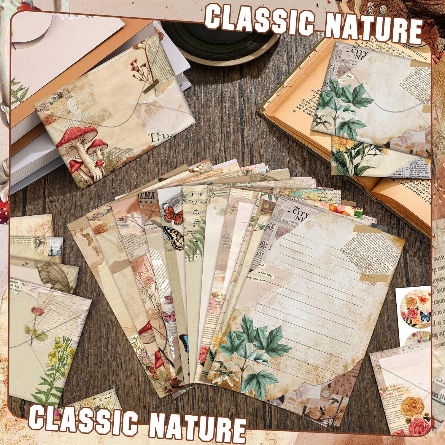 160-piece stationery paper set, 50 double-sided stationery papers with 50 matching envelopes and 60 dot stickers, 10 designs (natural vintage style, 5.5 x 8.25 inches)