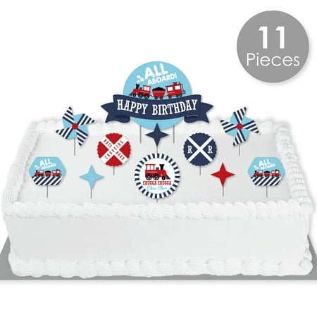 Big Dot of Happiness Railroad Party Crossing - Steam Train Birthday Party Cake Decorating Kit - Happy Birthday Cake Topper Set - 11 Pieces