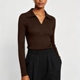 thumbnail image 5 of AcaicsNo Boundaries Women's Long Sleeve Knit Top, Slim Fit Ribbed V Neck Polo Collar Solid Casual Sweater, 5 of 6