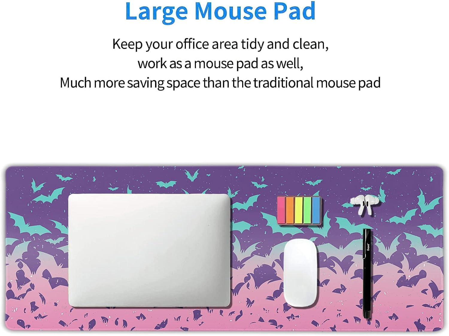 Pink Bats Gaming Mouse Pad XL Pastel Purple Witchcraft Extended Big Large Desk Mat Non-Slip Rubber Base Stitched Edge Long Keyboard Mousepad for PC Computer Laptop,31.5×11.8 in