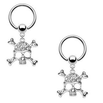 Nipple Gem Captive Bead Ring - Nipple Ring Dangle Skull Captive Bead Pair 16 gauge - Sold as a pair