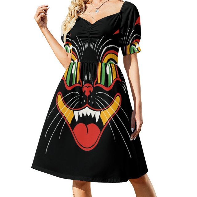 Vestido retro vintage de Halloween con cara de gato negro y manga corta para mujer
