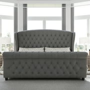 VanAcc Queen Size Platform Bed Frame, Velvet Upholstered Sleigh Bed with Scroll Wingback Headboard & Footboard/Button Tufted/Grey