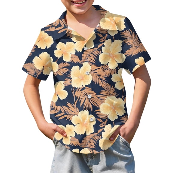 Abcomgle Boys Hawaiian Shirt 5/6 Button Down Short Sleeve Boys Spring Shirts Summer Floral Print Vacation Boys Dress Shirt,Navy,9-10Years