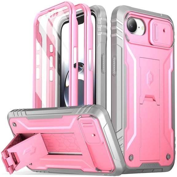 Poetic Revolution Case for iPhone 16e 6.1 inch, [Slide Camera Cover], Full-Body Military Grade Case with Kickstand and Built-in-Screen Protector, Pink